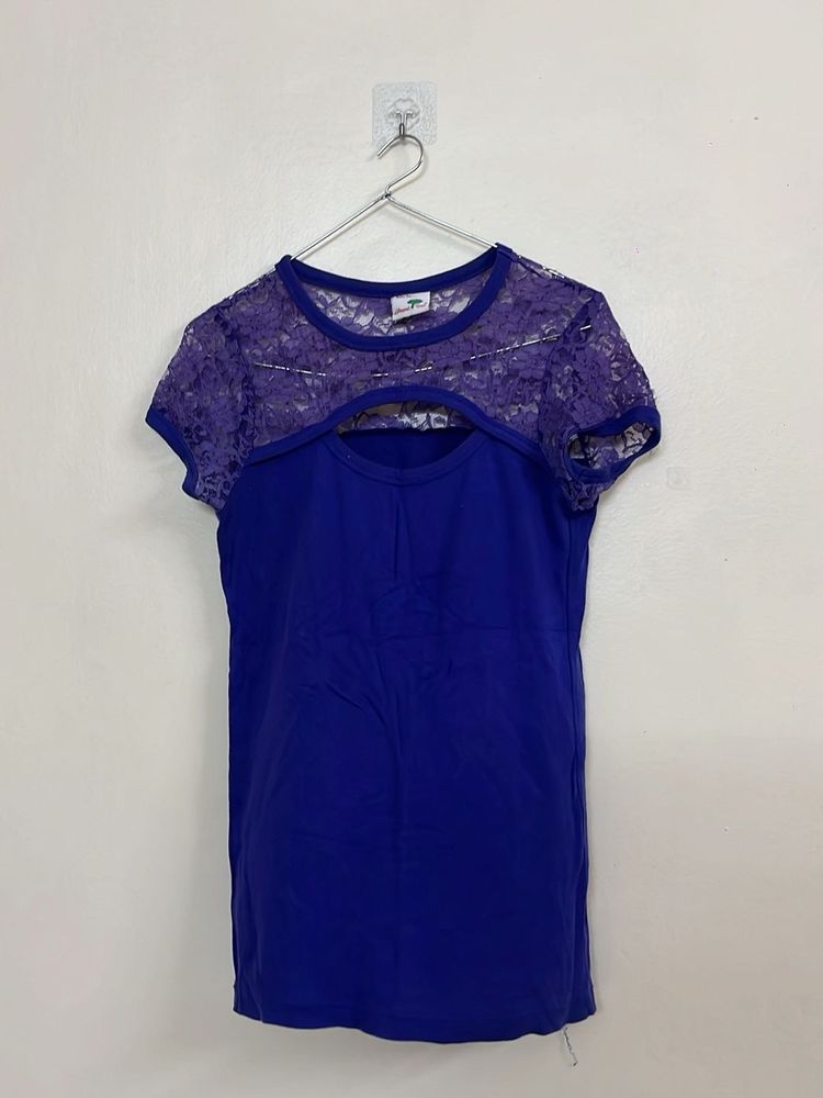 Blue Lace Detail Cutout Top