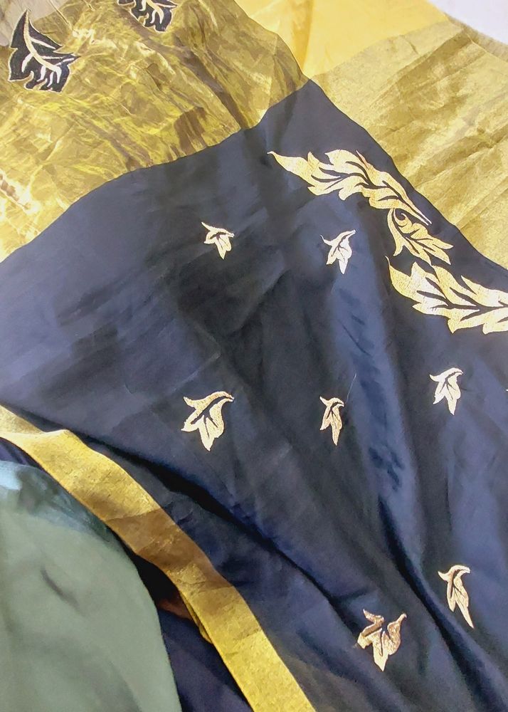 Black &amp; Golden Saree With Pico Fall