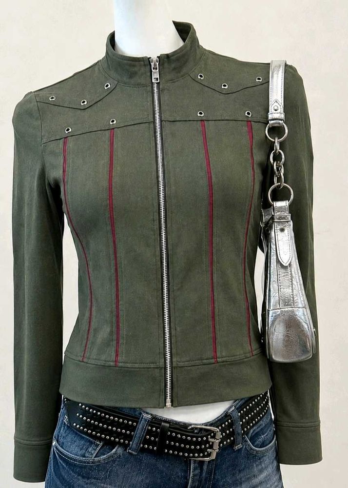 Olive Green Y2k Zip-Up Jacket