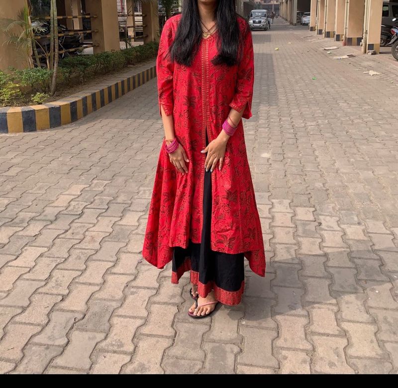Red Printed Kurta with Black Palazzo