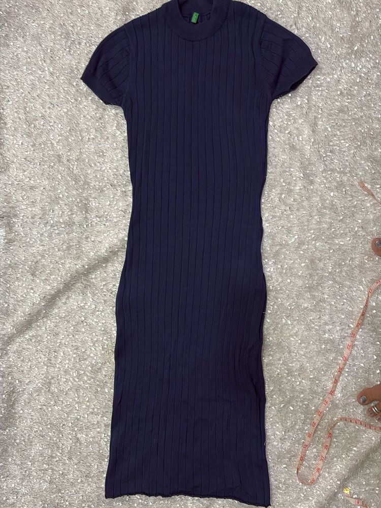 Navy Ribbed Knit Midi Dress