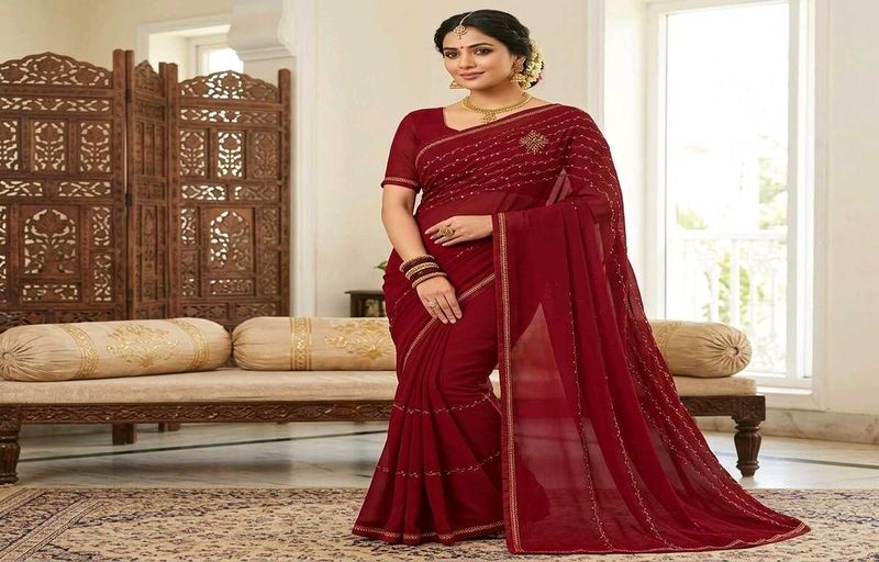 Elegant Maroon Embellished Saree