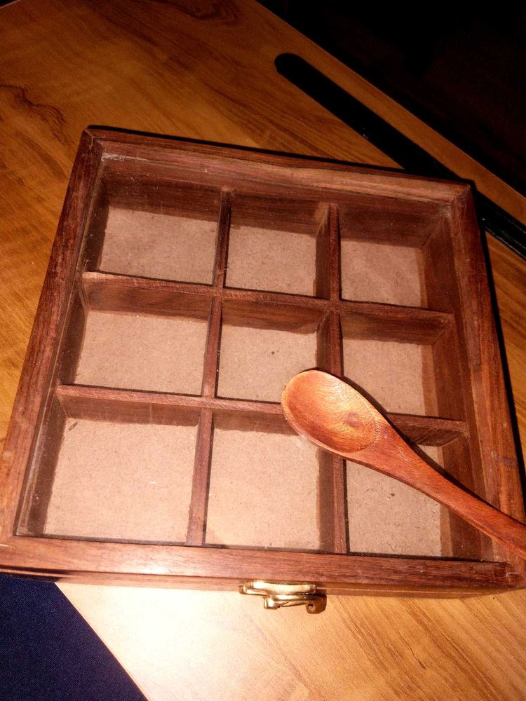 Vintage Wooden Spice Box with Glass Lid