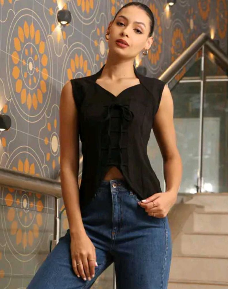 Shein tie up corset Elegant Black Sleeveless Top