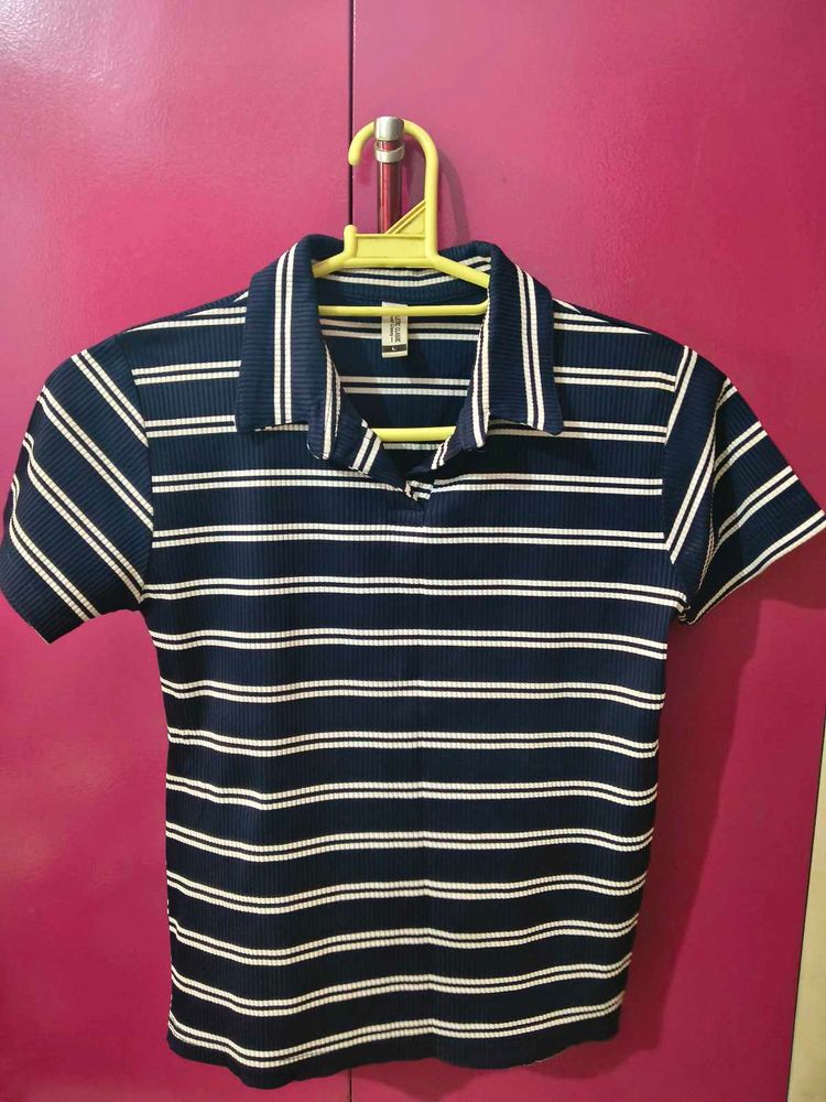 Navy &amp; White Striped Polo Shirt