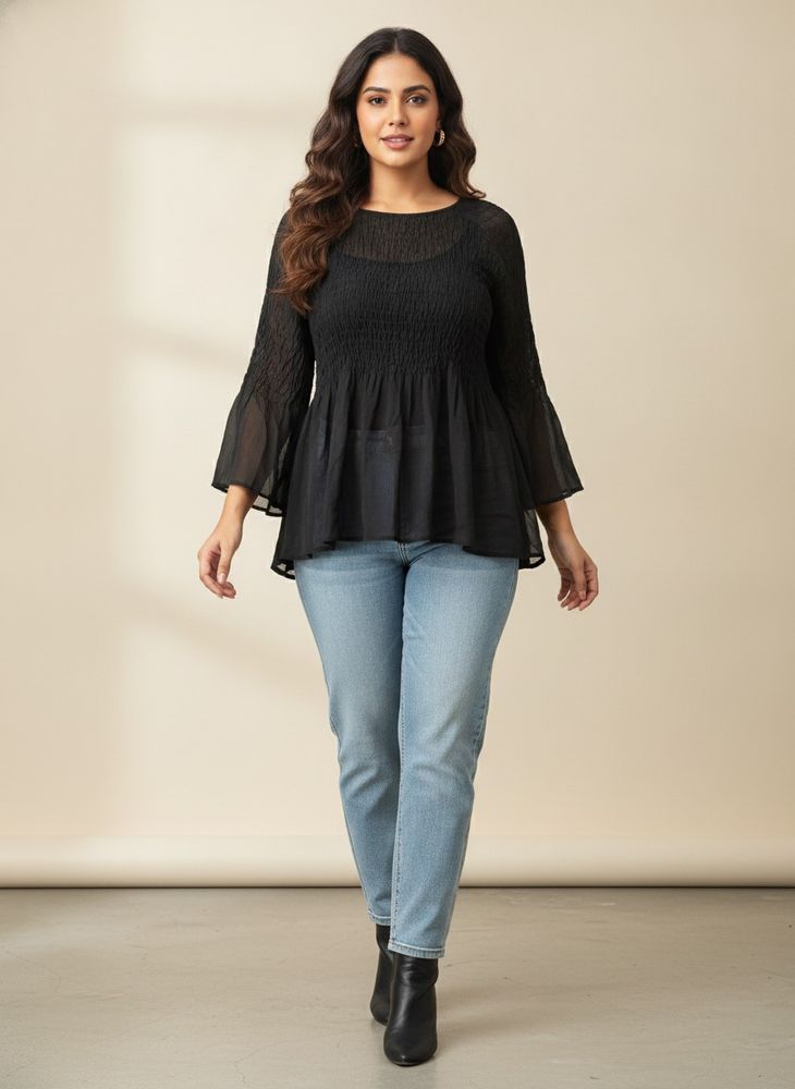 Chic Black sheer Smocked Blouse