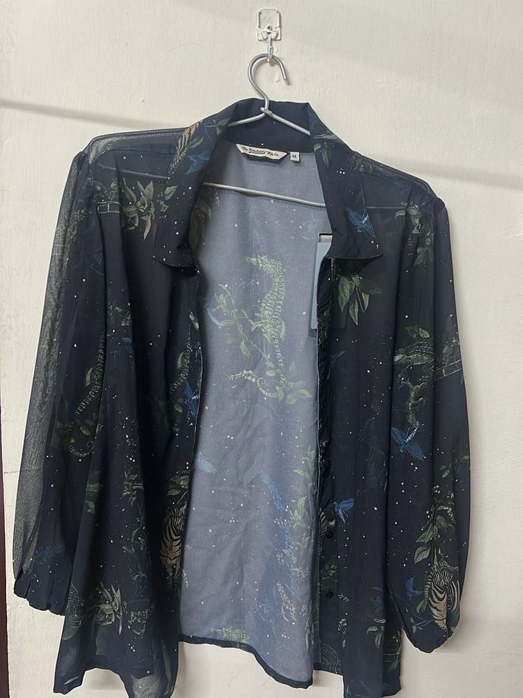 Sheer Printed Button-Up Shirt