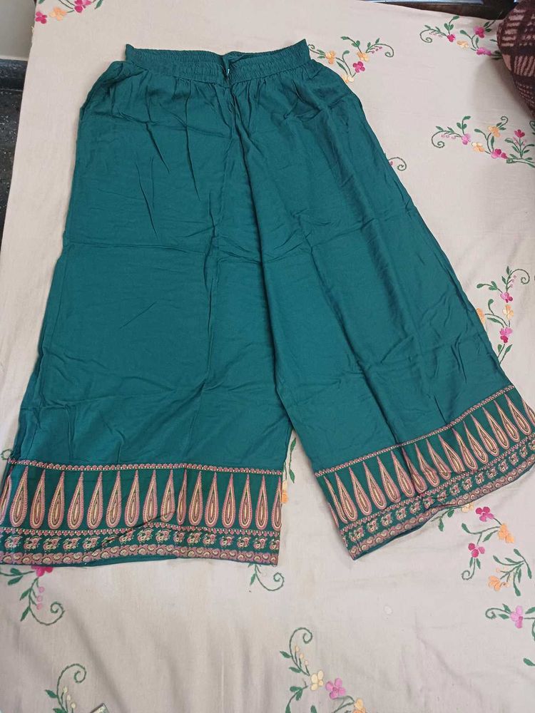 Bottle Green Palazzos with Embellished Border