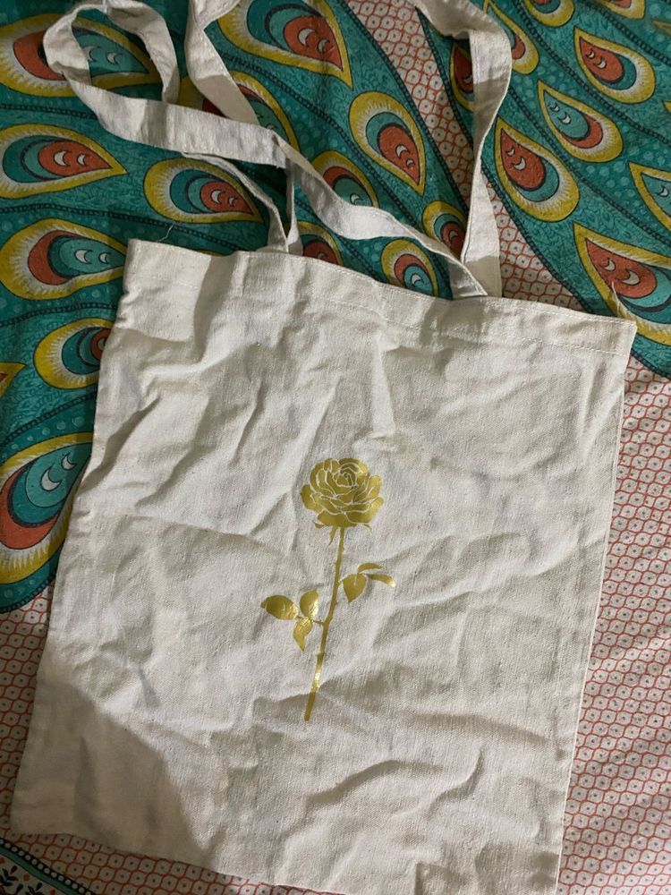 Cream Tote Bag with Gold Rose