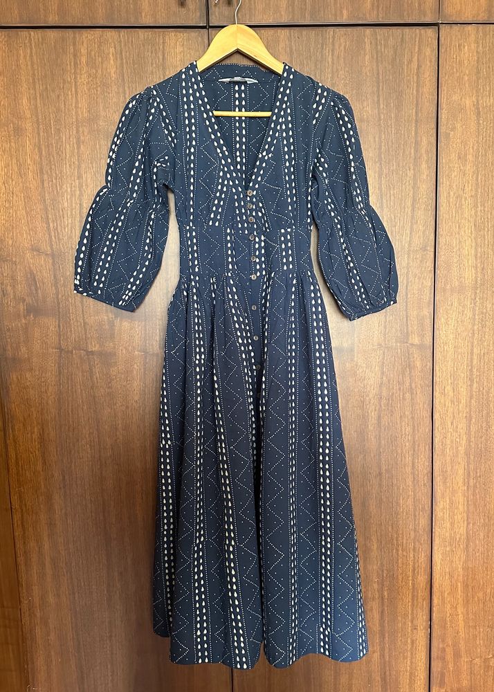 Blue Blockprinted Jal Cotton Dress