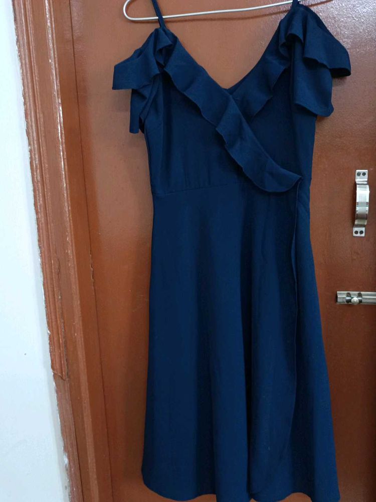 Navy Blue Ruffle Cold Shoulder Dress
