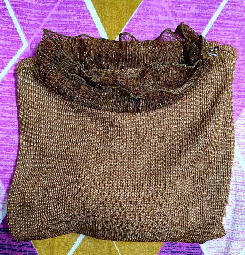 Shimmer Brown Top with Ruffle highneck