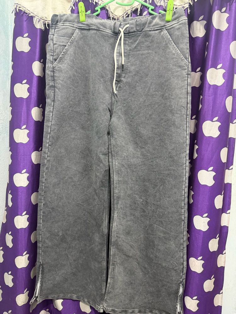 Charcoal Acid-Wash Wide-Leg Trousers