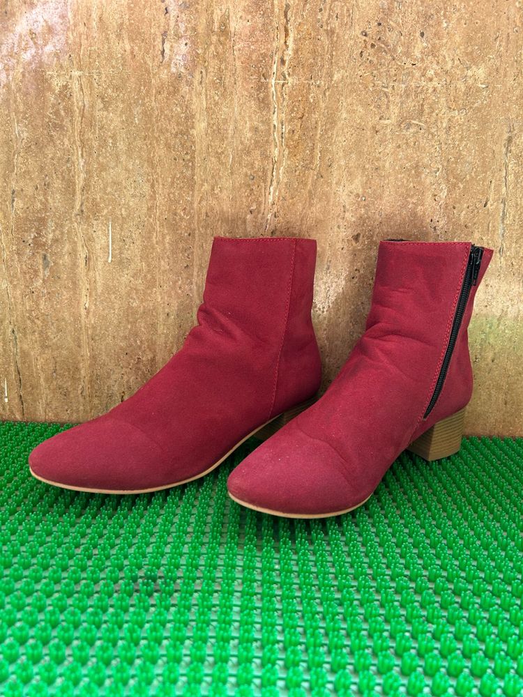 Ankle Length Red Boots With Block Heels