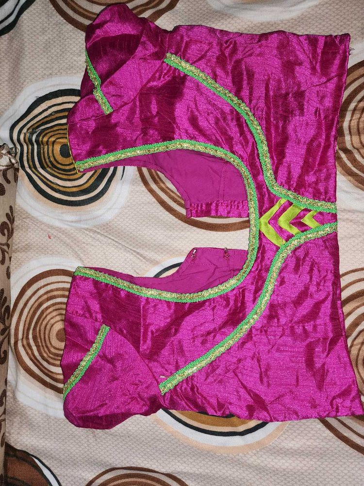 Vibrant Pink Silk Blouse with Green Trim
