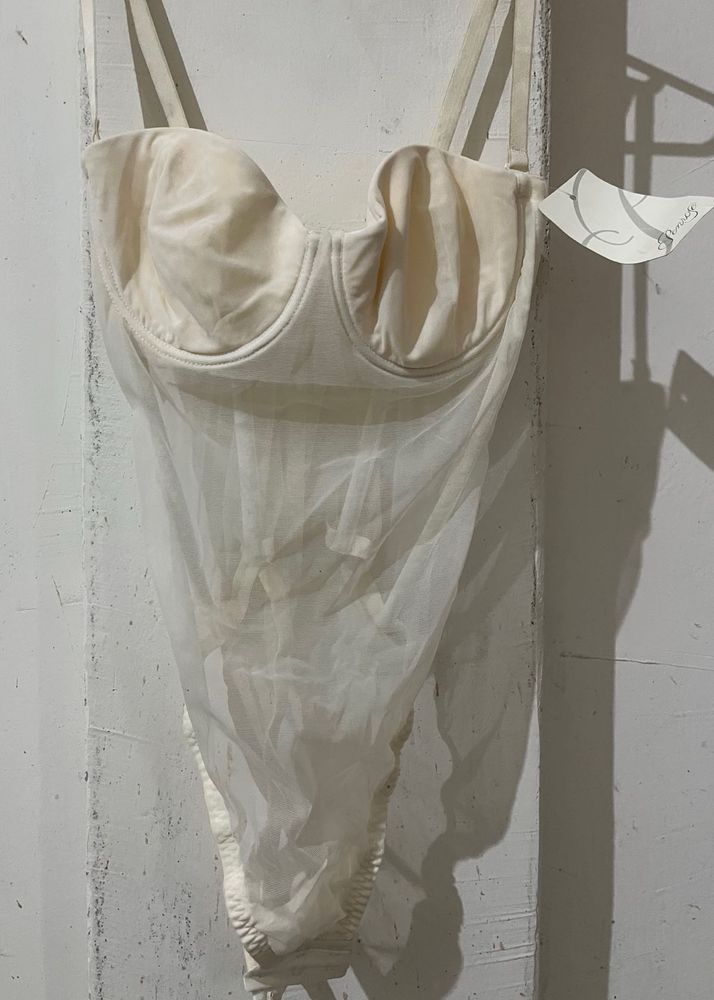 Sheer Mesh Corset Bodysuit in Ivory