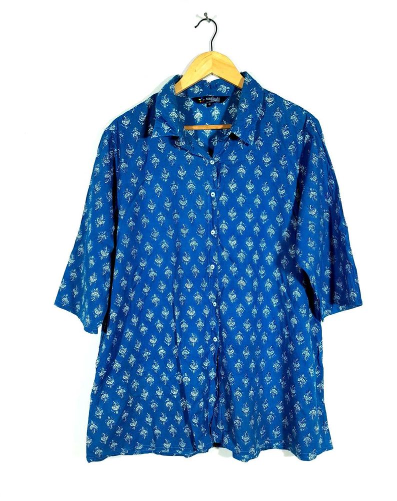 Blue Printed Shirt Style Top For Women's