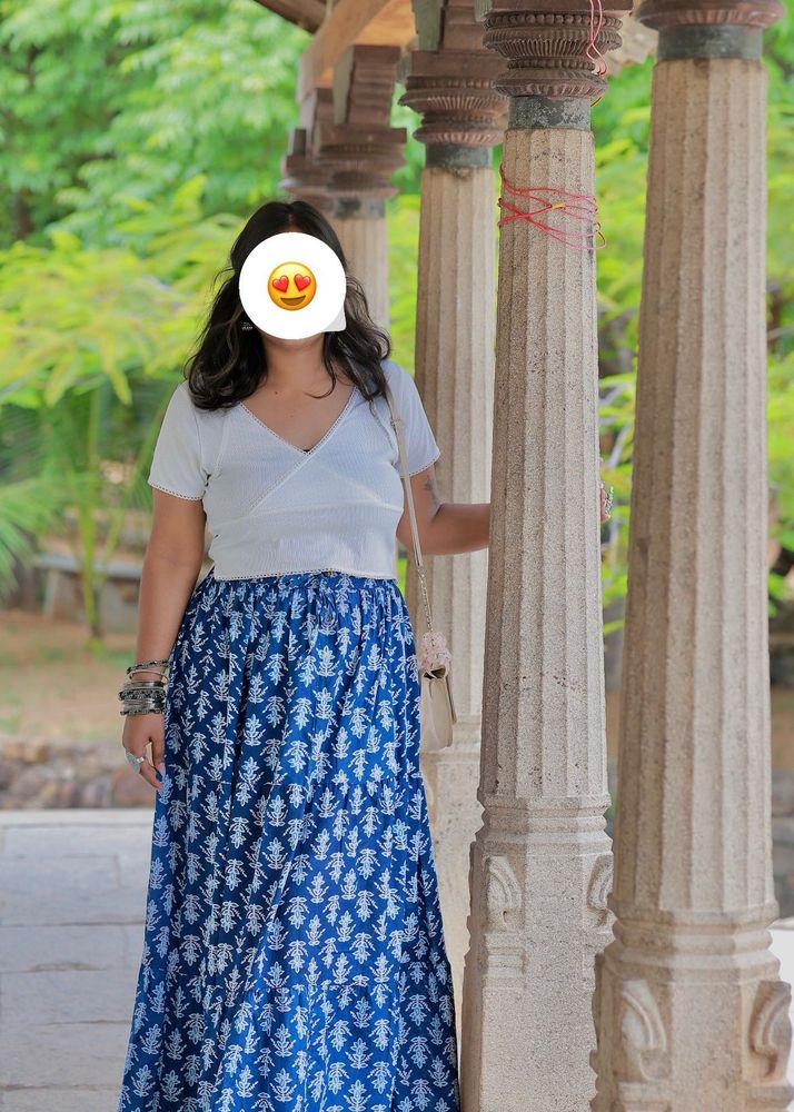 white crop top &amp; blue Maxi Skirt