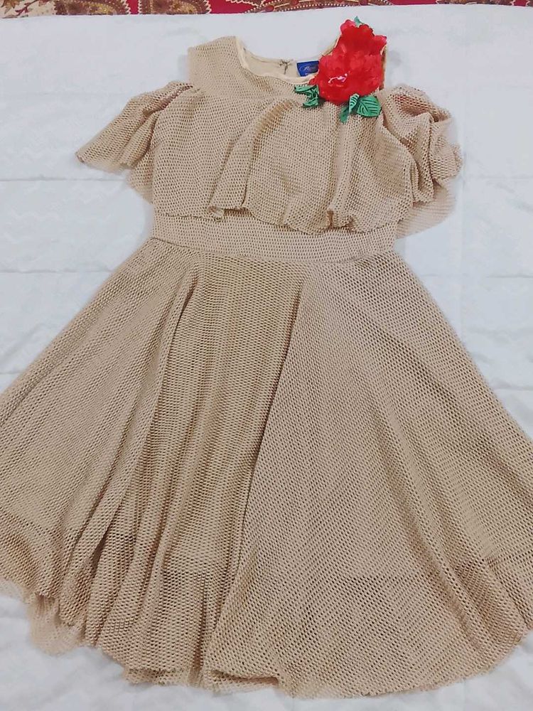 Elegant Beige Dress with Rose Accent