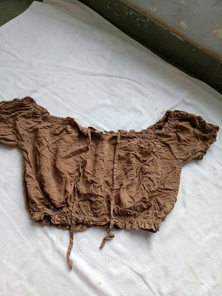 Brown Off-Shoulder Smocked Crop Top