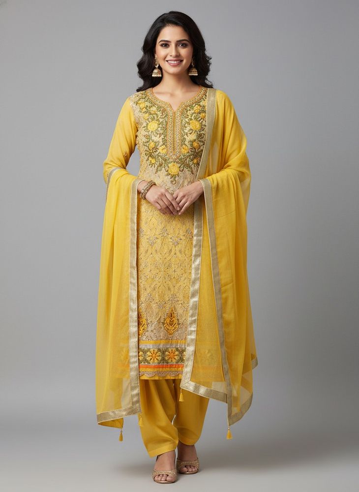 pakistani style embroidered  Yellow Salwar suit