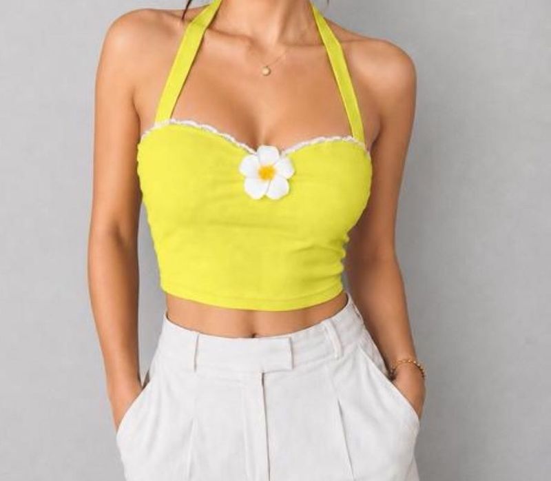 Yellow Halter Neck Crop Top with Flower Detail
