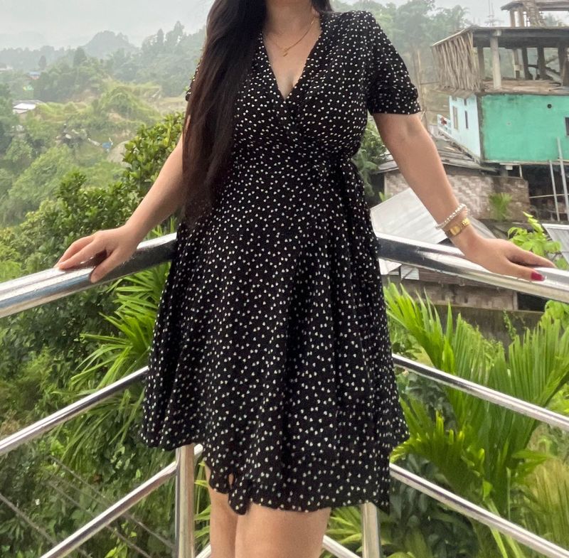 Black retro Polka Dot Wrap Dress