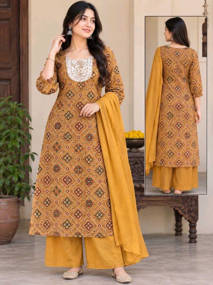 Brown Printed Kurta with Orange Pants