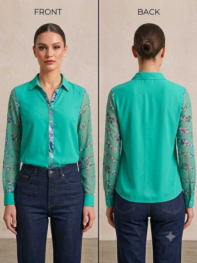 Elegant Teal Button-Up Shirt with Floral Sleeves