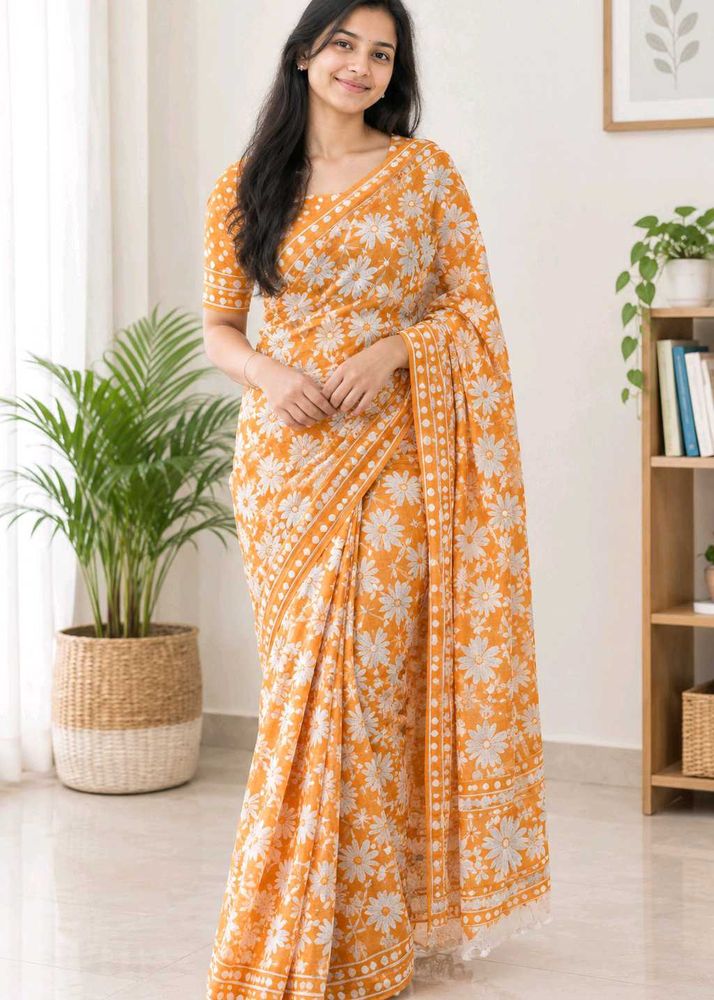 Orange Floral Print Saree