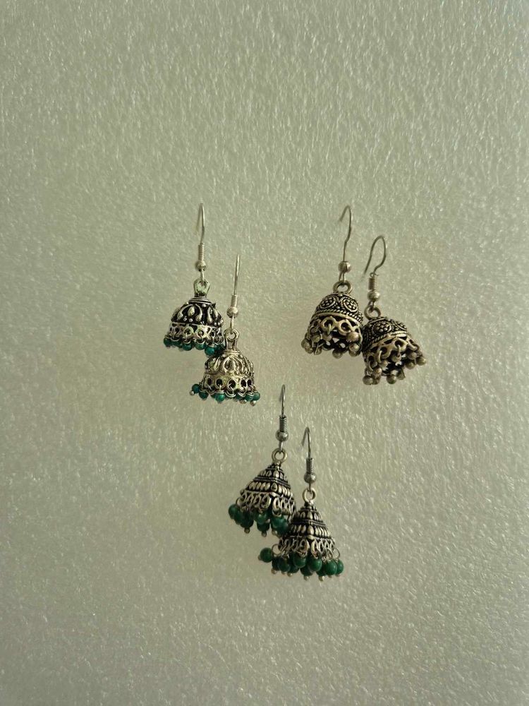 Silver Jhumka Earrings with Green Beads - Unused