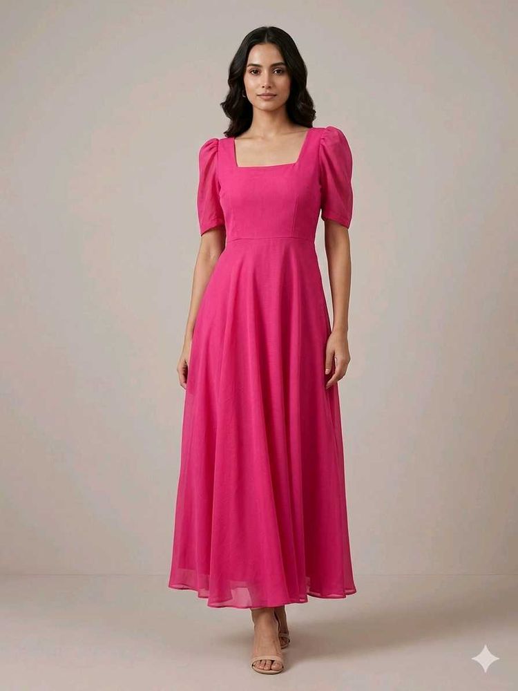 Vibrant Pink Square Neck Puff Sleeve Midi Dress
