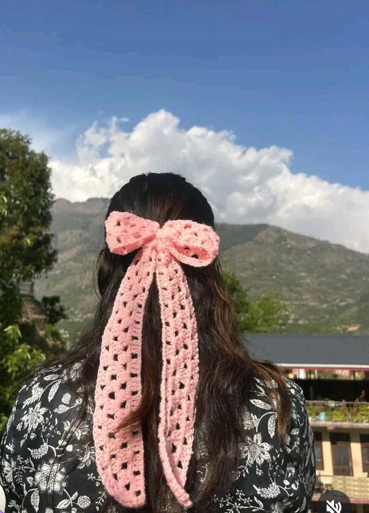 Crocheted Pink Bow Hair Clip combo with crochet ra