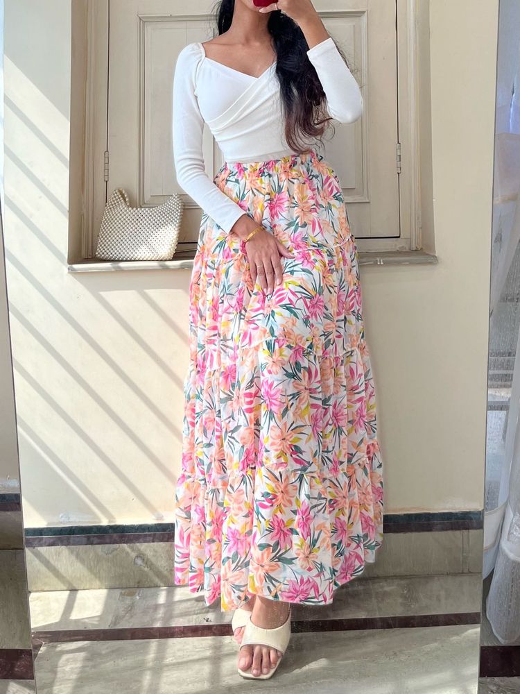 Chic Floral Print Tiered Maxi Skirt