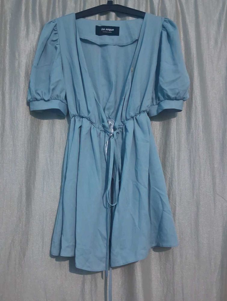 Light Blue Puff Sleeve Midi Dress