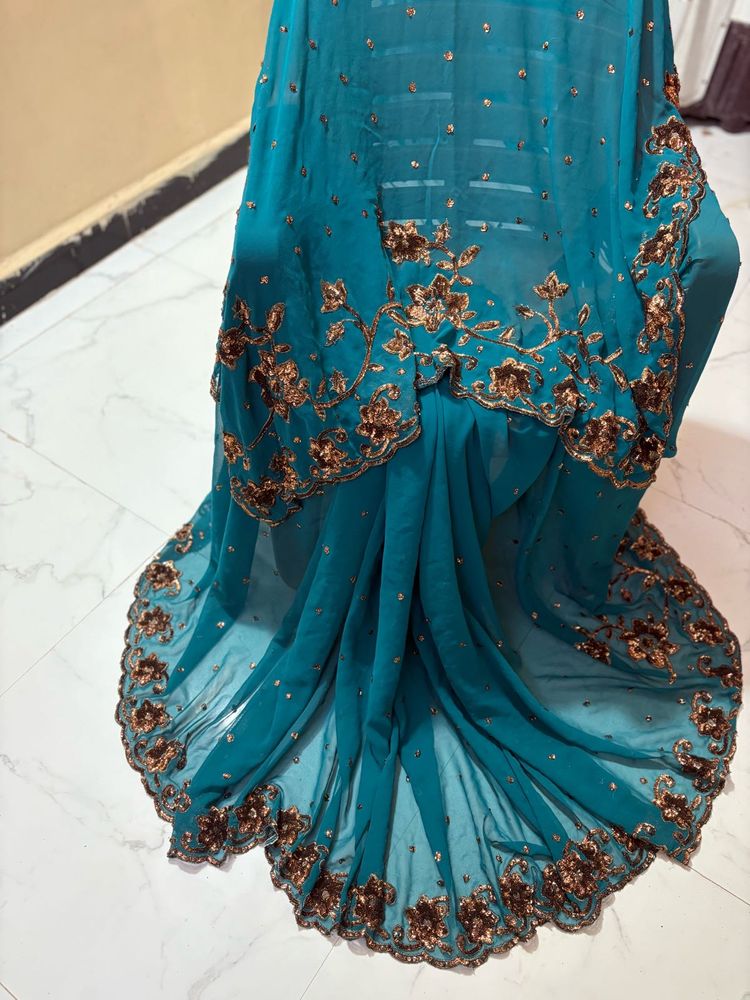 cut work and  Embroidered sequence Saree