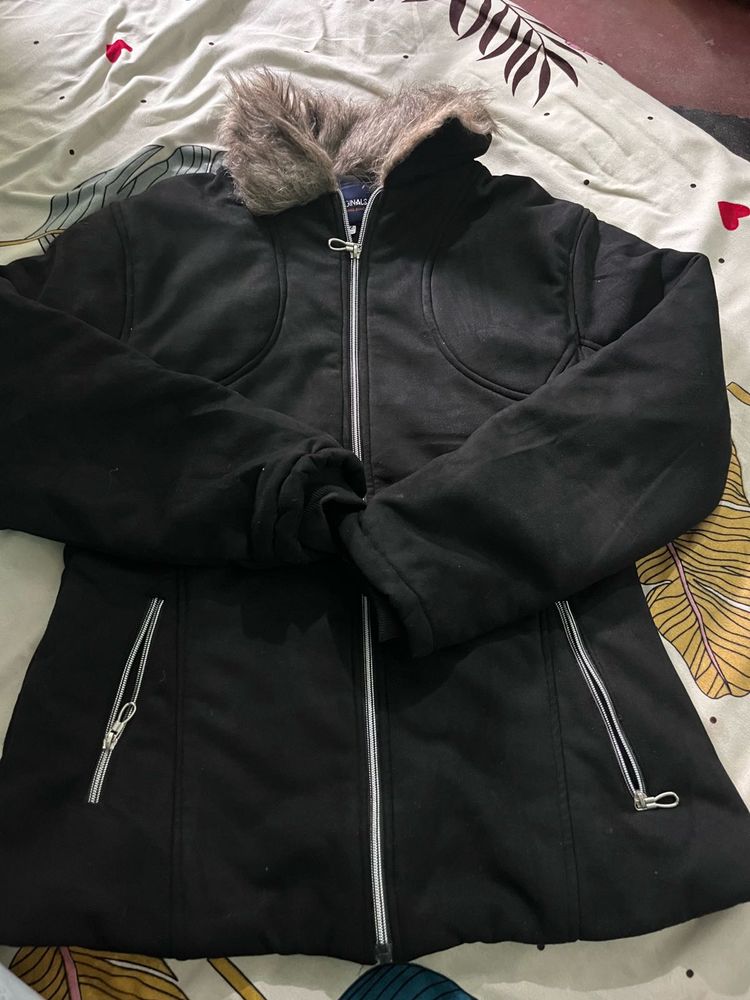 Stylish Black Fur Hooded Jacket