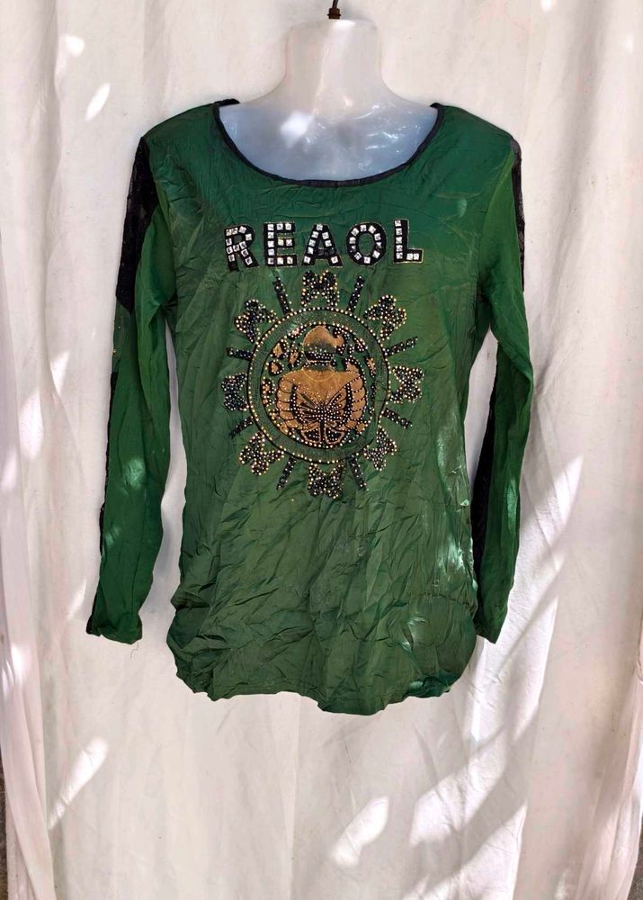 20164. Embellished Green Long Sleeve Top