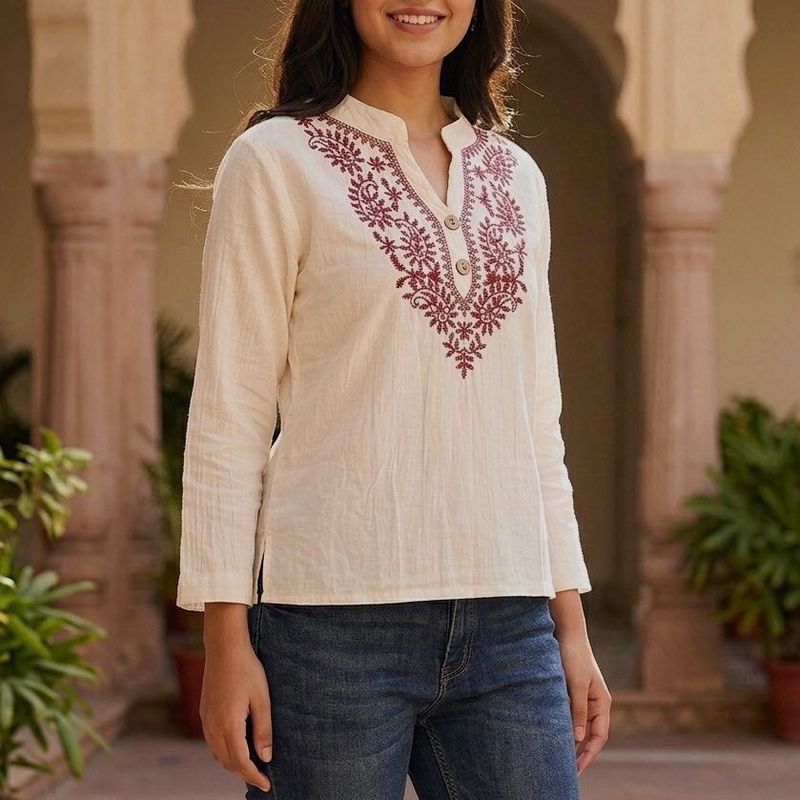 Embroidered Cream Kurta