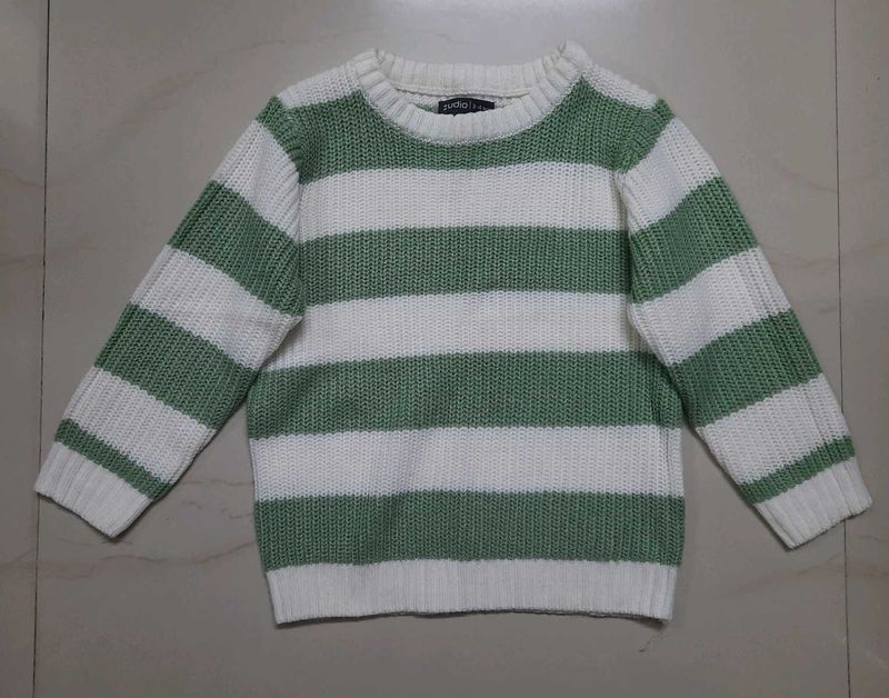 White and Sage Green Striped Knit Sweater