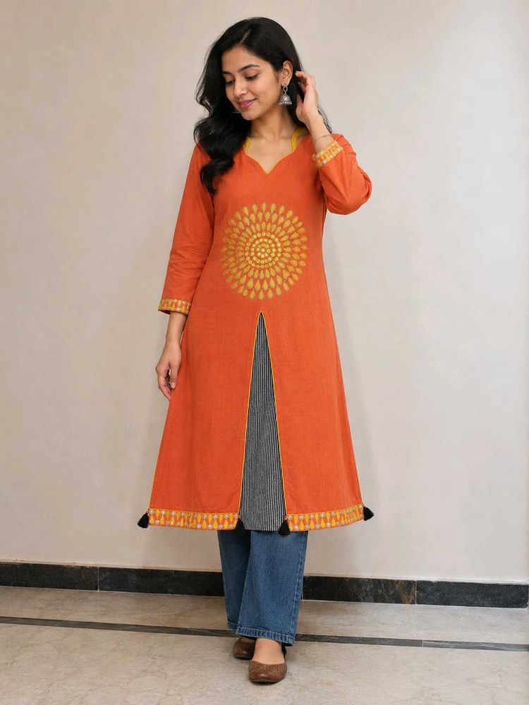 Orange Kurta with Floral Embroidery