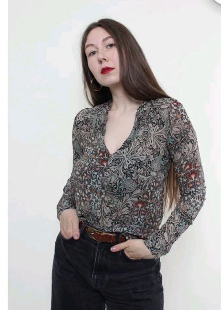 Sheer Floral Print Long Sleeve Top