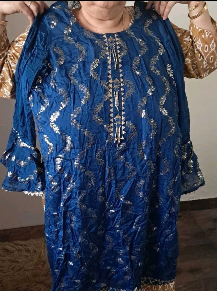 Blue Sequined Set with Bell Sleeves