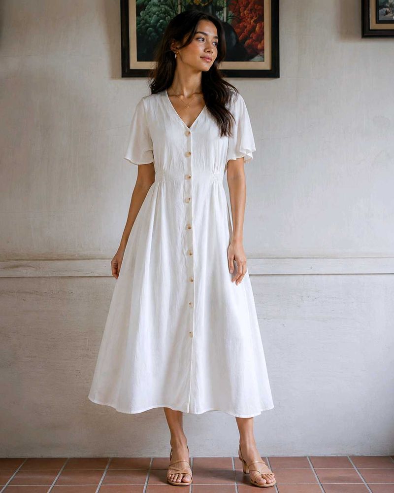 Elegant White Button-Down Midi Dress