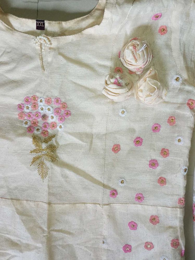 Cream &amp; Pink Floral Print Kurta