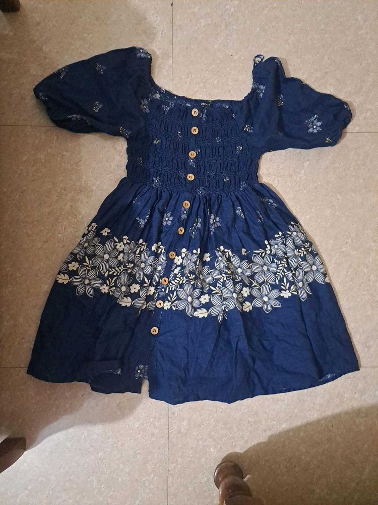 Blue Floral Smocked Square Neck Dress