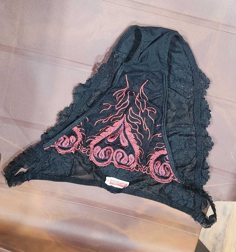 Black Lace Briefs with Pink Embroidery XL
