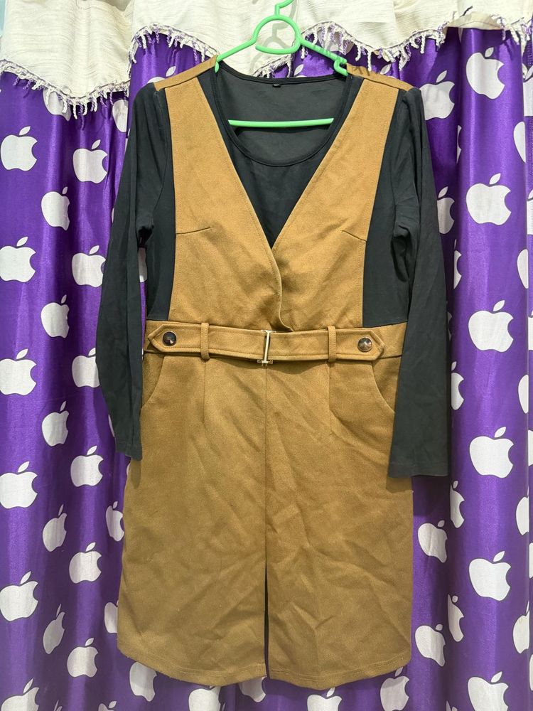 Suede pinafore dress with long sleeve top