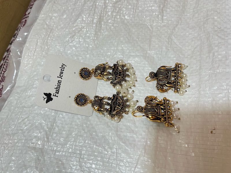 set of 2 Golden Oxidized Elephant Jhumka Earrings