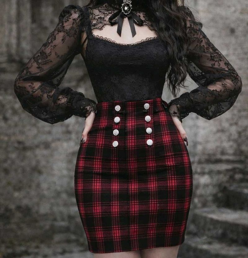 Gothic checked bodycon skirt with buttons